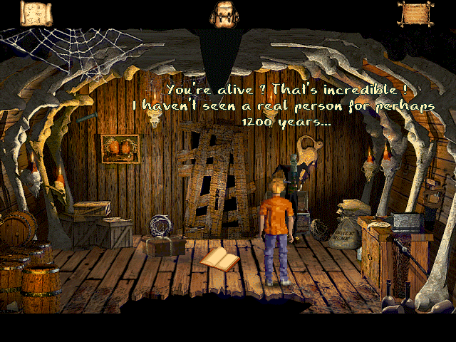 VooDoo Kid (Windows) screenshot: The game starts here. The character is Baron Saturday's butler. He has a voice a bit like C3PO from Star Wars