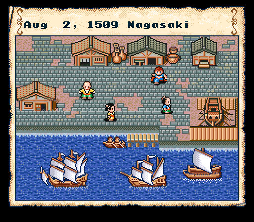 Uncharted Waters (SNES) screenshot: Japan is a good place to buy silver