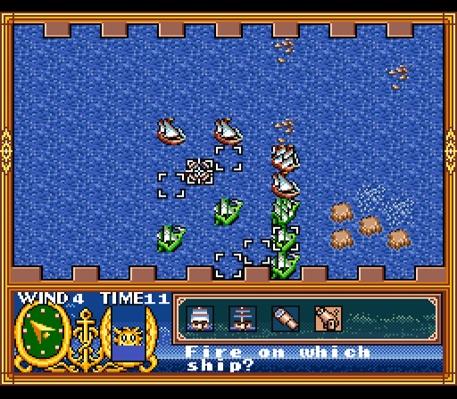 Uncharted Waters (SNES) screenshot: Turn-based sea battles