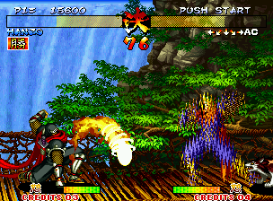 Samurai Shodown III: Blades of Blood (Neo Geo) screenshot: Using a disappearance technique, Galford escape from Hanzo's fireball at time.