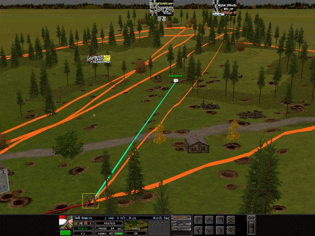 Combat Mission II: Barbarossa to Berlin (Windows) screenshot: A unit has been ordered to advance. As they do so they maintain the same field of fire. The on-screen displays did get corrupted early on in this battle and never corrected themselves