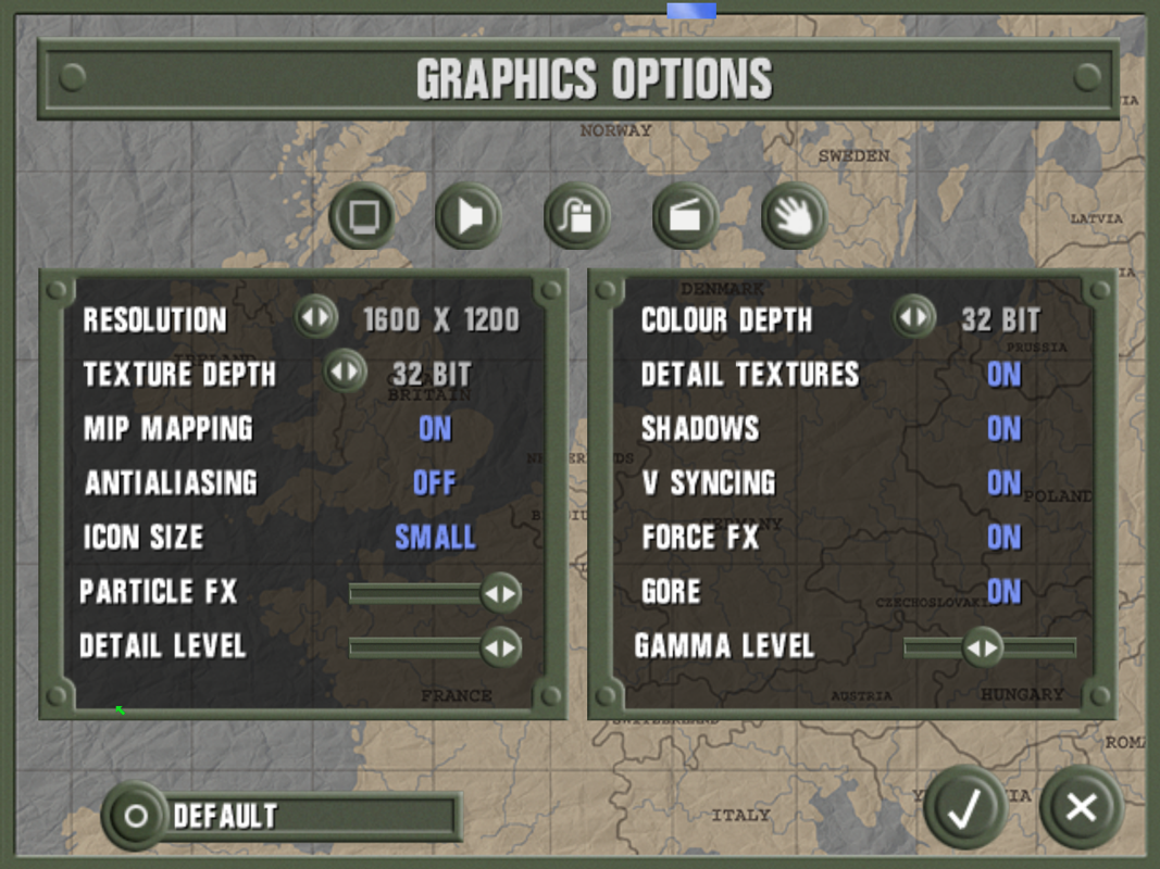 World War II: Frontline Command (Windows) screenshot: From the main menu the 'Options' option gives the player access to controls that tweak the video, the sound, the controller and show the videos and the developer credits