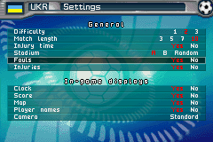 Premier Action Soccer (Game Boy Advance) screenshot: Options