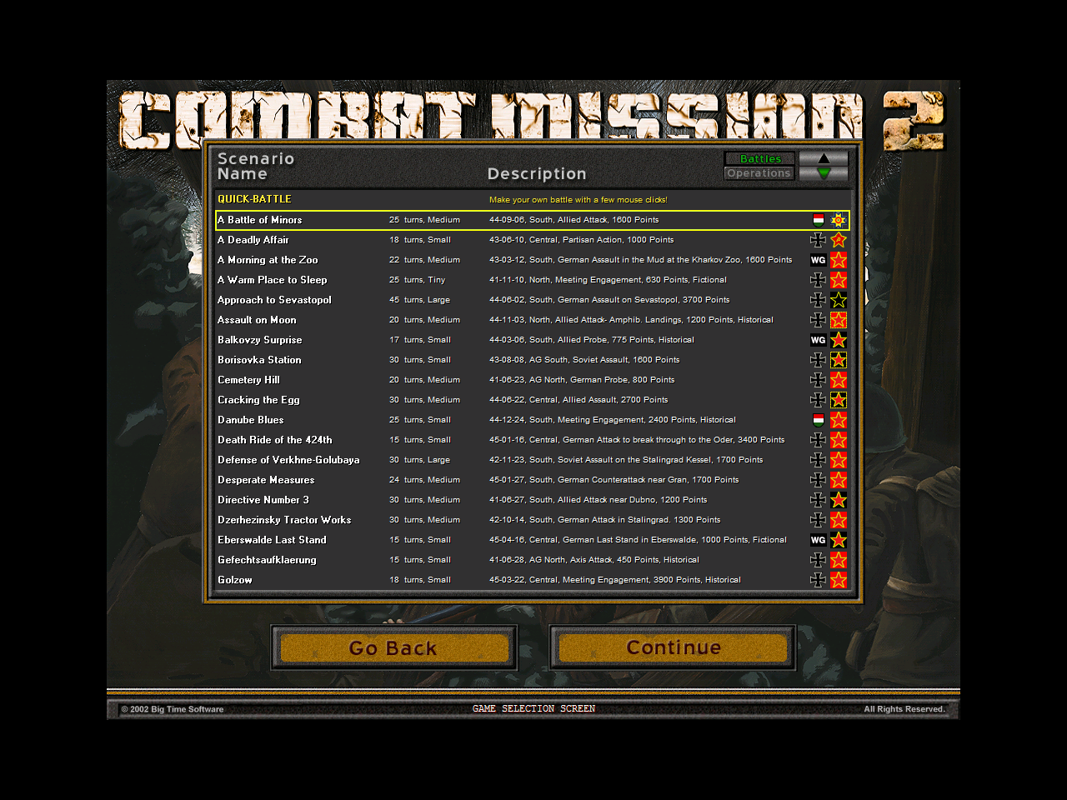 Combat Mission II: Barbarossa to Berlin (Windows) screenshot: When the player selects 'Start Playing' they are presented with this screen. There are lots of battles to fight. This is screen 1