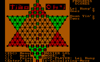 Tiào Ch'i (DOS) screenshot: Two Master players, 15 men each, using numeric tiles. (CGA)