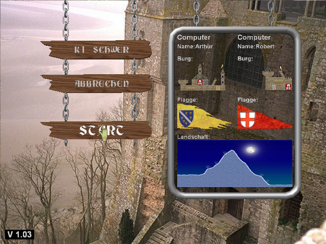 Ballerburg (Windows) screenshot: You can select AI difficulty (easy/normal/hard) and change player names, castle design, flags, and terrain (there is always a mountain between the two castles).