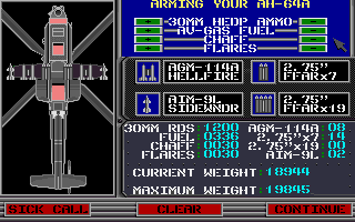 Gunship (Amiga) screenshot: Arming your AH-64A
