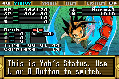 Shaman King: Master of Spirits 2 (Game Boy Advance) screenshot: Status screen.