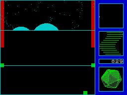 Gyron (ZX Spectrum) screenshot: Two giant spheres roll casually by on the other side of the maze wall