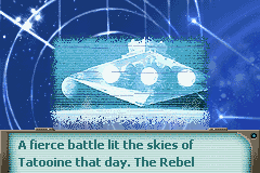 Star Wars Trilogy: Apprentice of the Force (Game Boy Advance) screenshot: Introduction frame  the Imperial Star Destroyer begins the pursuit for Rebel Forces.