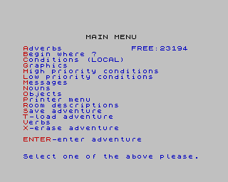 The Graphic Adventure Creator (ZX Spectrum) screenshot: Main Menu