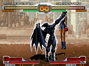 SVC Chaos: SNK vs. Capcom (Neo Geo) screenshot: Demitri's super move Midnight Bliss.