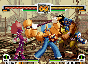 SVC Chaos: SNK vs. Capcom (Neo Geo) screenshot: Zero's pals making a little assist in his Exceed Cyber Elf Force.