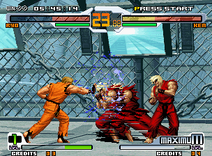 SVC Chaos: SNK vs. Capcom (Neo Geo) screenshot: In the "H" hour, Violent Ken does his teleport move to escape from Ryo's Ko'ou Ken.