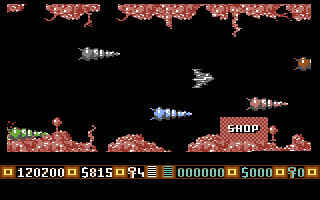 Blood Money (Commodore 64) screenshot: Land at the shop to purchase weapons