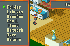 Mega Man Battle Network (Game Boy Advance) screenshot: The pause menu lets you check status and other info