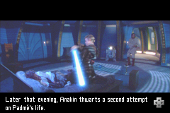 Star Wars: Episode II - Attack of the Clones (Game Boy Advance) screenshot: Introduction cut-scene  Anakin Skywalker saves Padmé from the danger.