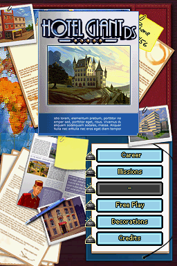 Hotel Giant DS (Nintendo DS) screenshot: Title screen with main menu.
