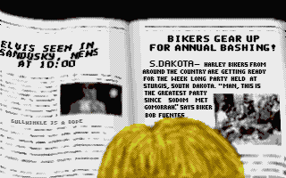 Harley-Davidson: The Road to Sturgis (Atari ST) screenshot: From the intro: Reading the newspaper
