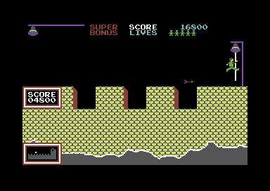 Hunchback (Commodore 64) screenshot: Successfully clearing those ramparts would be easier if someone wasn't firing arrows at you