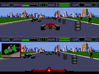 Mario Andretti Racing (Genesis) screenshot: Split screen view (nose tip and chase cam).