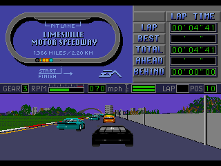 Mario Andretti Racing (Genesis) screenshot: Split screen view (chase cam and track map).