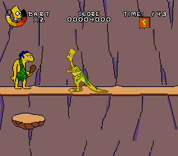 Virtual Bart (Genesis) screenshot: Braving Jurassic terrors in the Dino Bart stage.