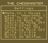 The Chessmaster (Game Boy) screenshot: The Settings screen.
