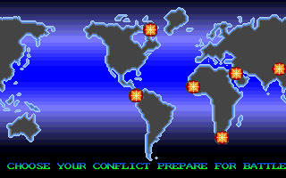 Fire and Forget (Amiga) screenshot: Choose your conflict, prepare for battle!
