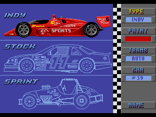 Mario Andretti Racing (Genesis) screenshot: Here you can choose the type of racing, color of your car, type of transmission and car number.