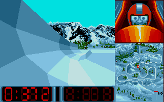 Super Ski II (Atari ST) screenshot: You are out of the Bobsleigh's route... Look at your eyes! :-)