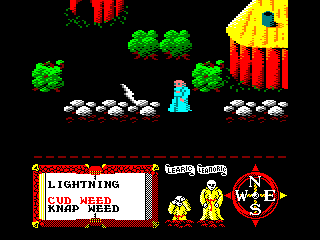 Feud (Amstrad CPC) screenshot: A lightning bolt is about to drive Leoric further into the ground