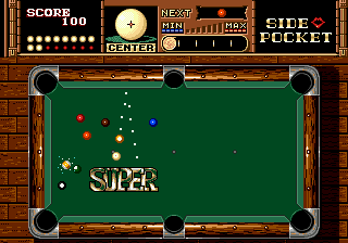 Side Pocket (Genesis) screenshot: "SUPER" move: hit the flashing ball with the white one to smash the other balls with extreme impact!