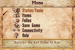 Harry Potter and the Prisoner of Azkaban (Game Boy Advance) screenshot: Menu and current quest