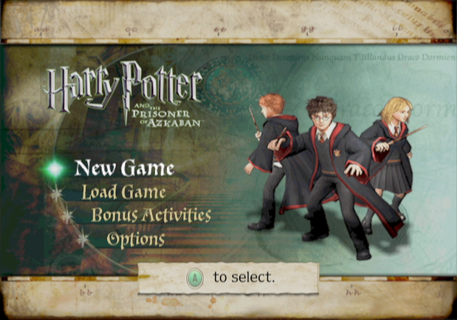 Harry Potter and the Prisoner of Azkaban (GameCube) screenshot: Title screen and main menu