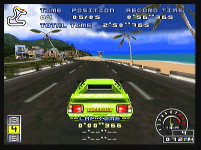 Ridge Racer (Zeebo) screenshot: Driving the newly unlocked Xevious 17 in the reverse novice course. Now the sea is at your right side.