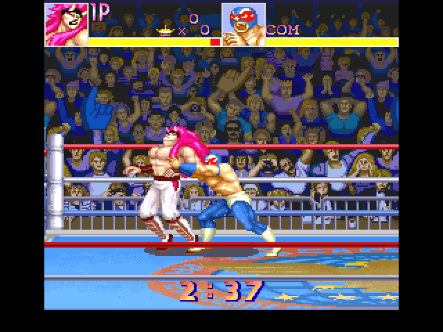 Saturday Night Slam Masters (FM Towns) screenshot: Cut your hair, you pinko freak!