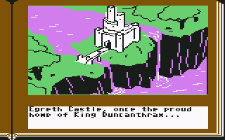 ZorkQuest: Assault on Egreth Castle (Commodore 64) screenshot: Egreth Castle, once the proud home of King Duncathrax...