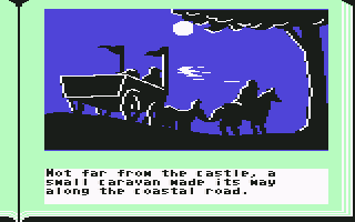 ZorkQuest: Assault on Egreth Castle (Commodore 64) screenshot: Not far from the castle, a small caravan makes it's way along the coastal road