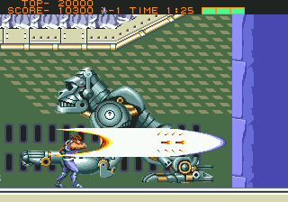 Strider (Genesis) screenshot: Taking on a mechanical gorilla in the second stage.
