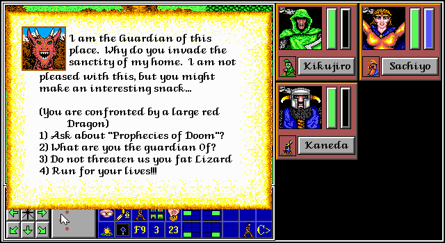 The Aethra Chronicles: Volume One - Celystra's Bane (DOS) screenshot: Meeting a dragon near the mountain pass
