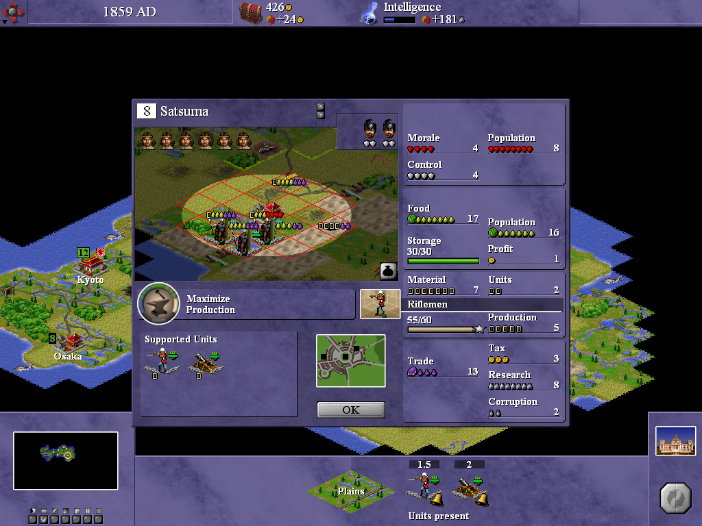 C-evo (Windows) screenshot: As the city is besieged, enemy units block access to the tiles they occupy, hampering production. Luckily the enemy is way behind in terms of technology.