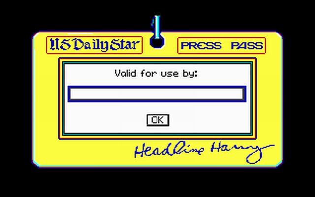 Headline Harry and The Great Paper Race (DOS) screenshot: Your very own Press Pass!