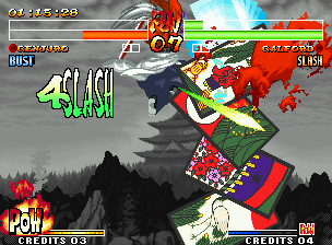 Samurai Shodown IV: Amakusa's Revenge (Neo Geo) screenshot: Into the air, Genjuro does his POW Special Ura Gokou (the Hanafuda cards are a coolest detail!).