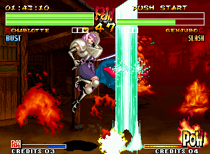 Samurai Shodown IV: Amakusa's Revenge (Neo Geo) screenshot: With the great range of her move Power Gradation, Charlotte was able to hit Genjuro during the jump.