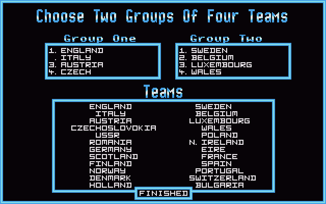 England Championship Special (Amiga) screenshot: Tournament setup.