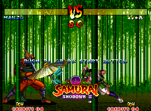 Samurai Shodown III: Blades of Blood (Neo Geo) screenshot: In Demonstration Mode, Shizumaru throws his umbrella in Hanzo, trying cause some damage in the ninja.