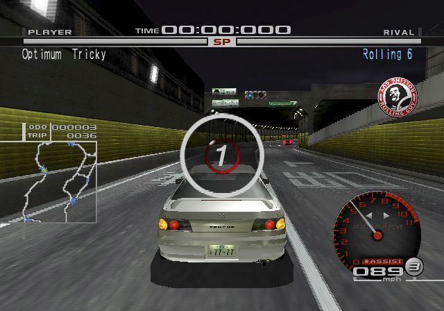 Tokyo Xtreme Racer: Zero (PlayStation 2) screenshot: When an opponent is encountered there is a 3-2-1 countdown before the race starts. The opponent here is 'Optimum Tricky' of the 'Rolling 6' team