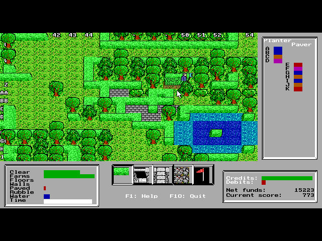 Green (DOS) screenshot: There are four planters, ideentified by the letters A-D and lots of pavers