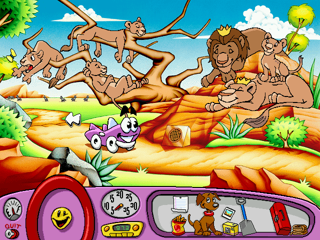 Putt-Putt Saves the Zoo (Windows) screenshot: The reunited lion pride (with an older cub hunting a butterfly)